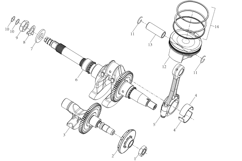 Kurbelwelle, Kolben, Ausgleichswelle