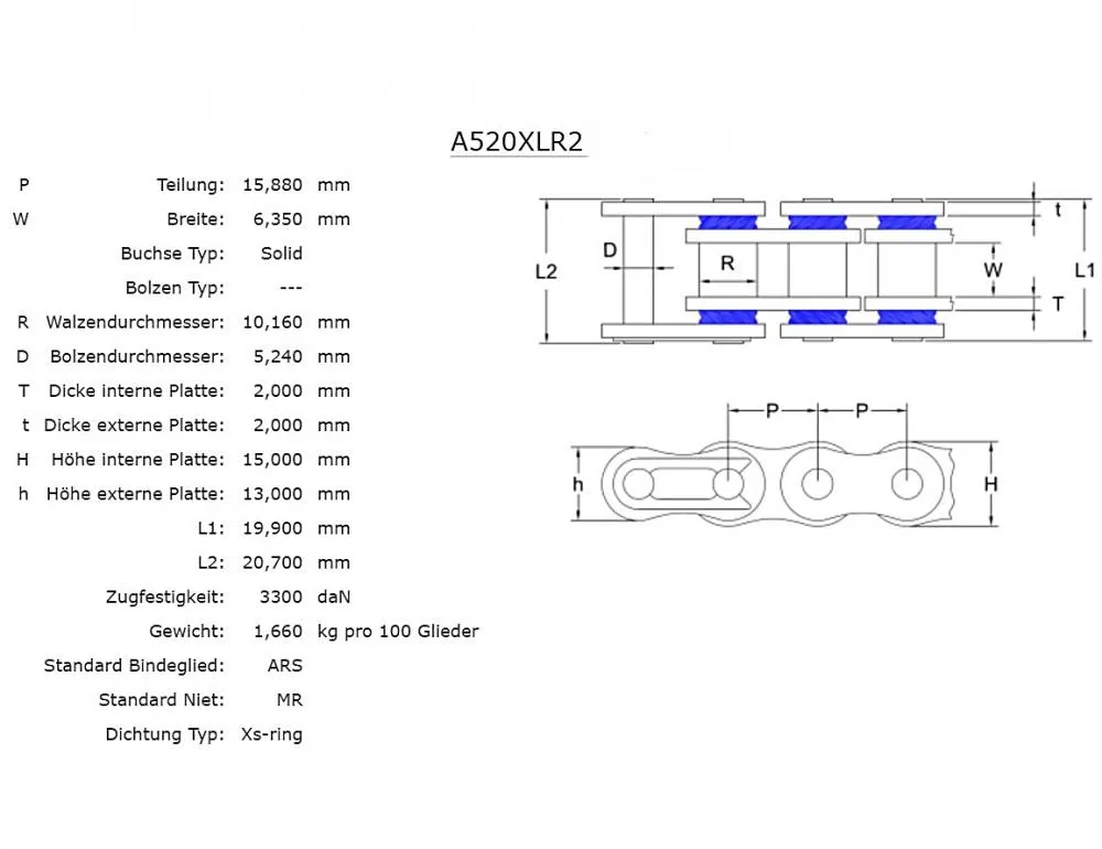 Afam_Kette_520er_XLR2_96_Glieder_Technische_Daten Afam Kette 520 XLR2 XS-Ring 96 Glieder Clip Schloß