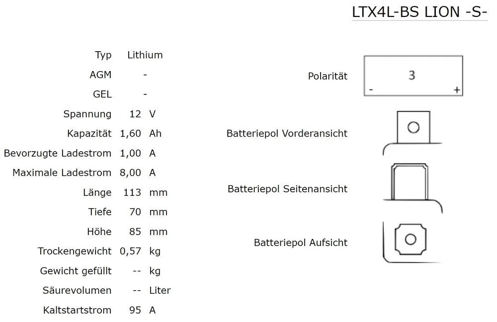 Shido LTX4L-BS Lithium Ionen Batterie 12V LiFePO4 (YTX4L-BS YT4L-BS YTC4L-BS)