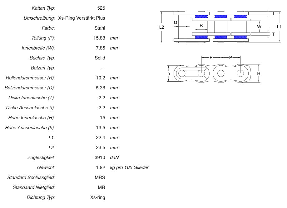 afam_ketten_daten_A525XRR AFAM Kettensatz Stahl 525 XRR 15x47 - Suzuki DL 650 V-Strom ABS /XT 2007-21